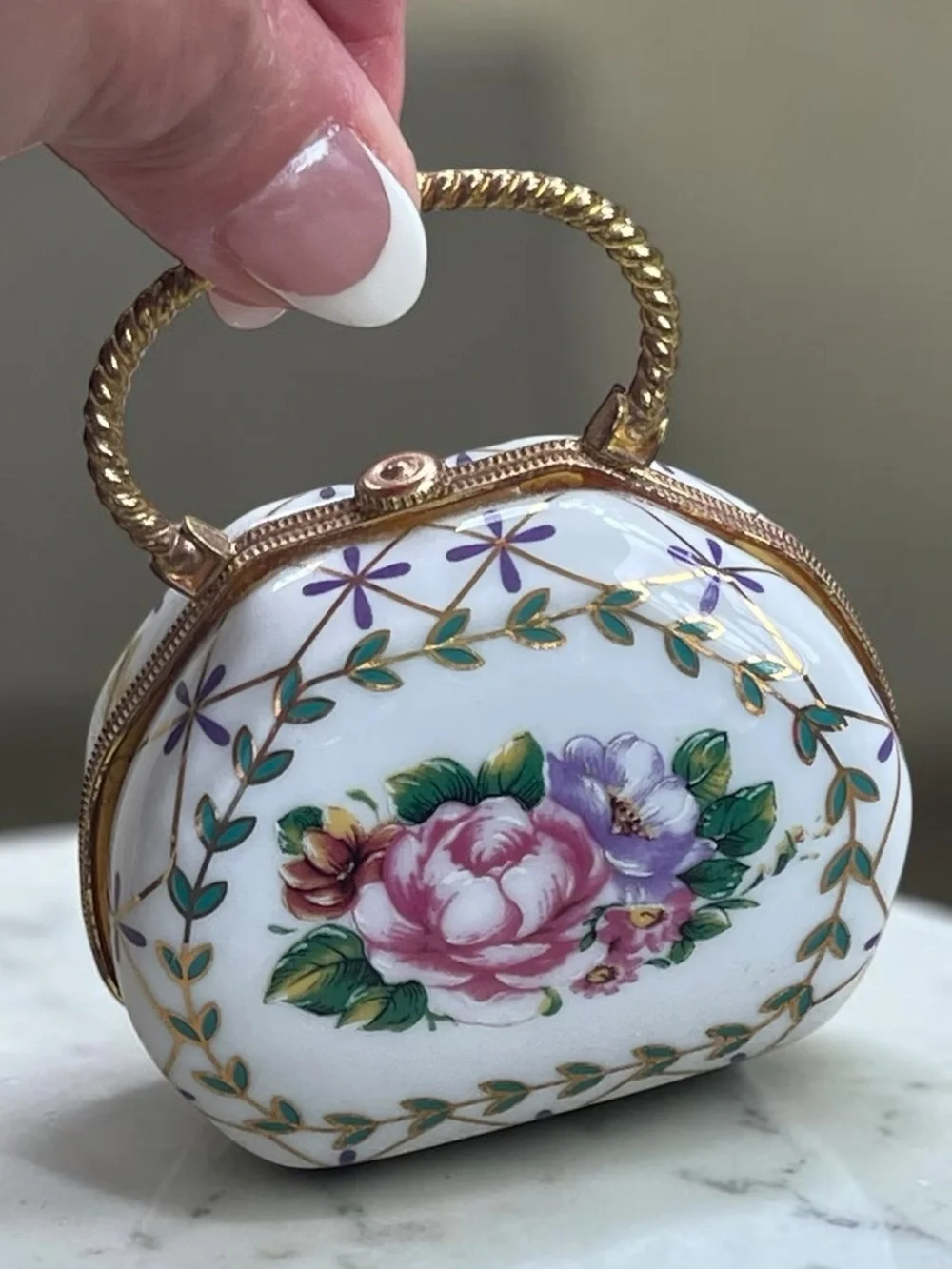 Vintage Floral Porcelain Purse Trinket Box Rose Hinged Keepsake Box